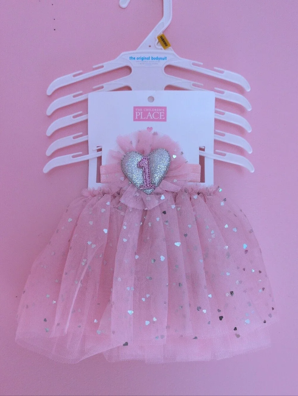 Baby Girl Pink 1st Birthday Tutu Set Silver Glitter/Metallic Foil Heart Applique